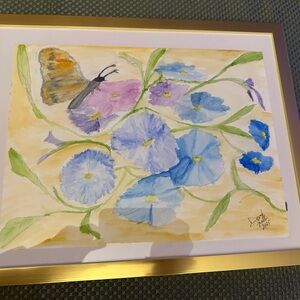 Framed Watercolor Painting with Butterfly and Flowers